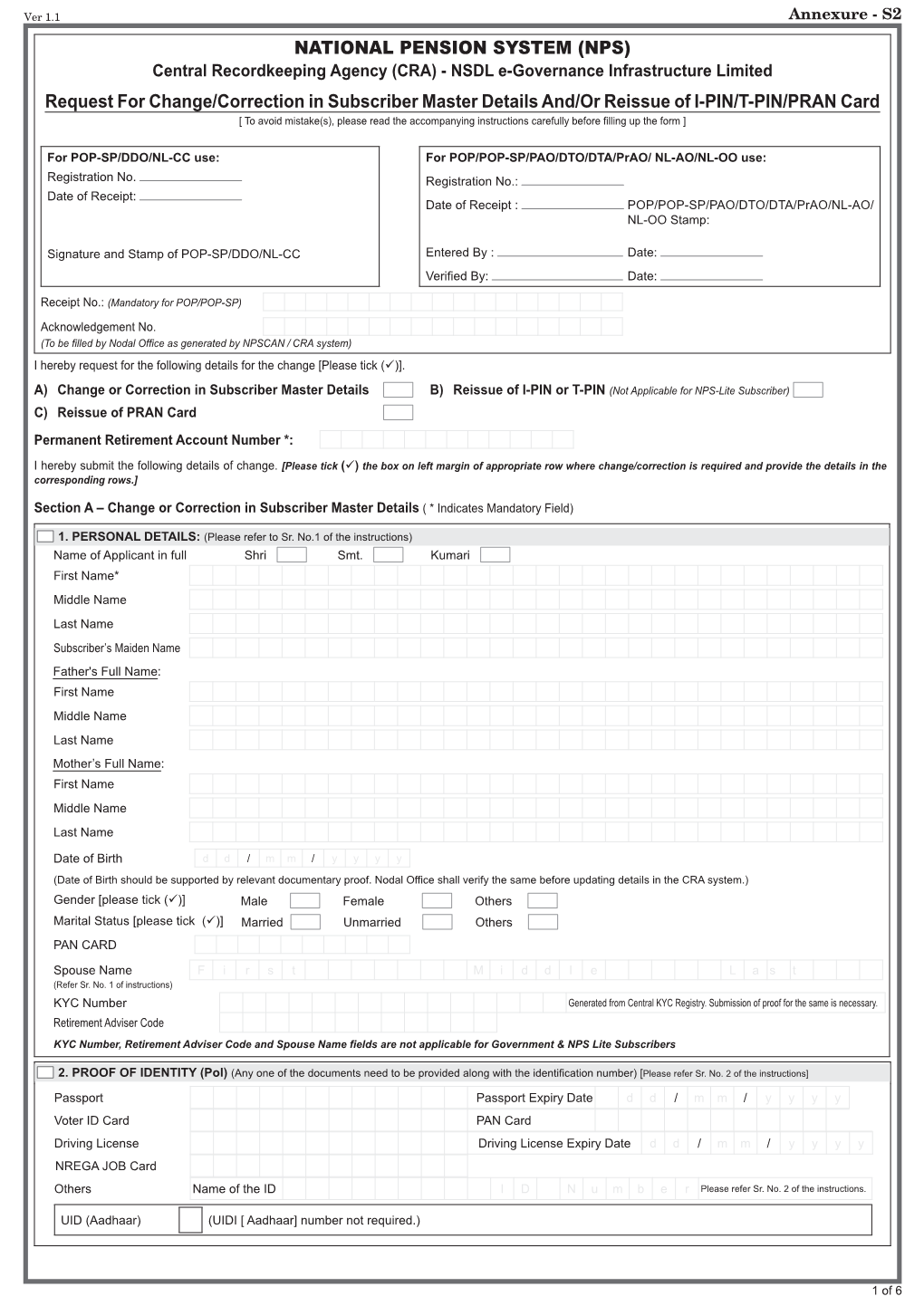 NATIONAL PENSION SYSTEM (NPS) Request for Change/Correction In