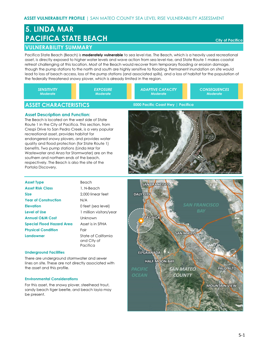 LINDA MAR PACIFICA STATE BEACH ASSET SENSITIVITY the Site Is Moderately Sensitive to Temporary and Permanent Inundation, As Well As Erosion
