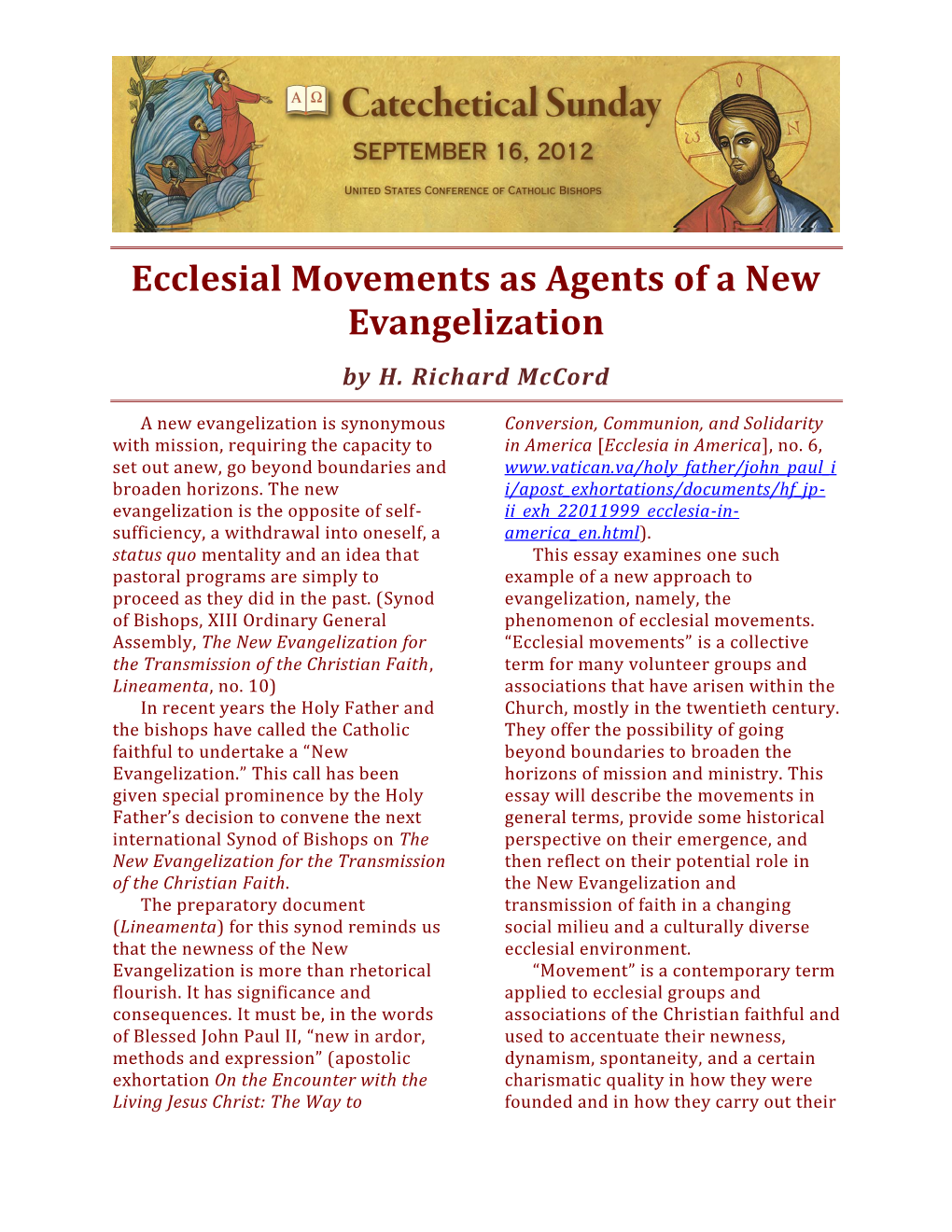 Ecclesial Movements As Agents of a New Evangelization by H