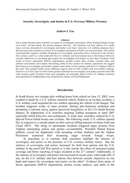 Security, Sovereignty, and Justice in U.S. Overseas Military Presence Andrew I. Yeo Introduction in South Korea, Two Teenage