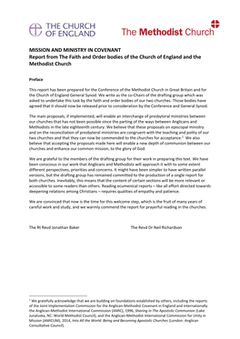 MISSION and MINISTRY in COVENANT Report from the Faith and Order Bodies of the Church of England and the Methodist Church