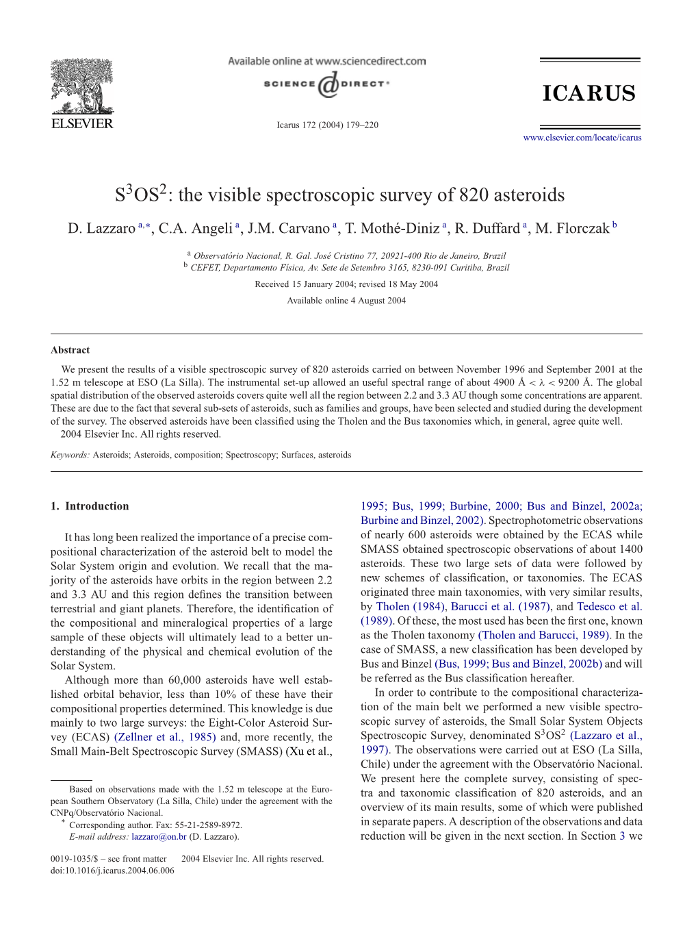 The Visible Spectroscopic Survey of 820 Asteroids ✩