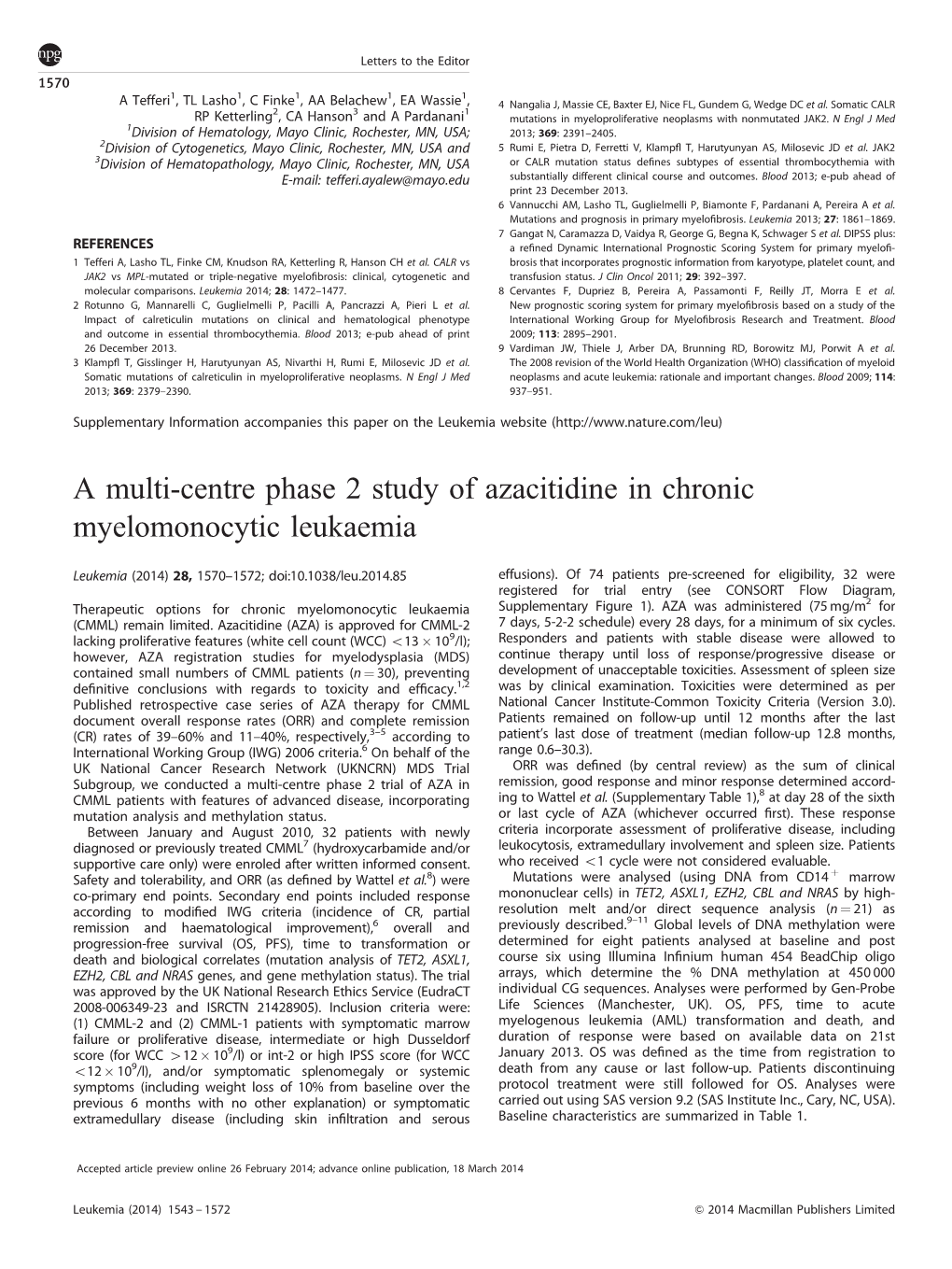 A Multi-Centre Phase 2 Study of Azacitidine in Chronic Myelomonocytic Leukaemia