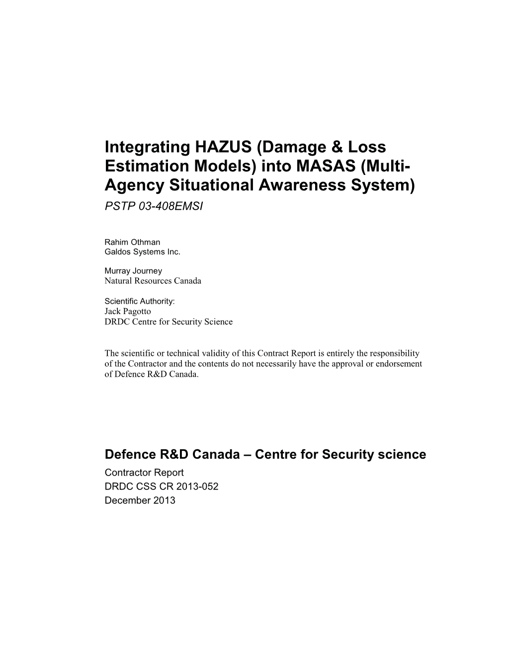 Integrating HAZUS Into MASAS