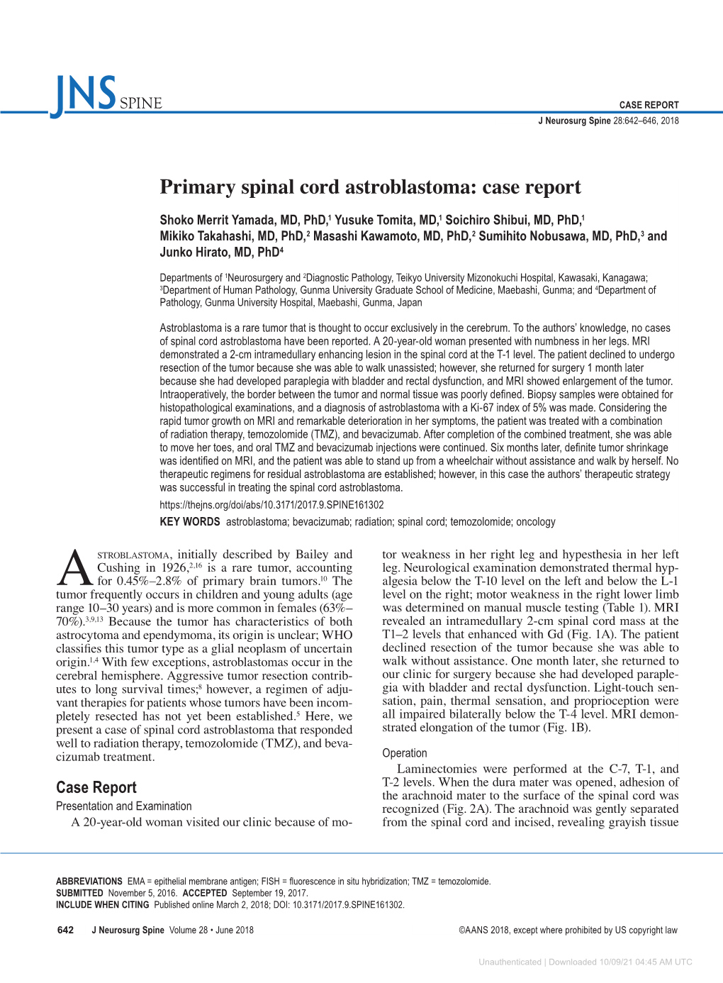 Primary Spinal Cord Astroblastoma: Case Report