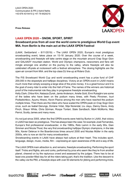 LAAX OPEN 2020 – SNOW, SPORT, SPIRIT Snowboard Pros from All Over the World Come to Prestigious World Cup Event MIA