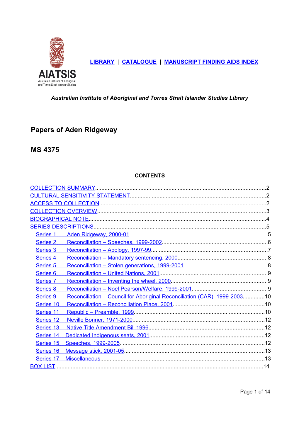 Papers of Aden Ridgeway MS 4375