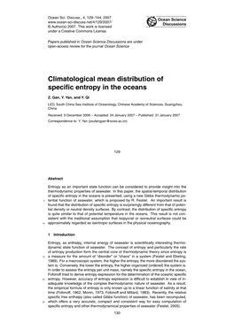 Climatological Mean Distribution of Specific Entropy in the Oceans