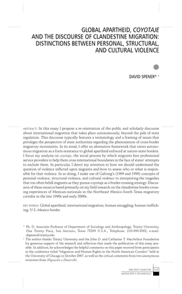 Global Apartheid, Coyotaje and the Discourse of Clandestine Migration: Distinctions Between Personal, Structural, and Cultural Violence
