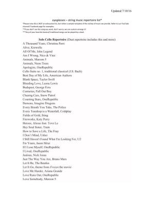 Updated 7/10/16 Eyeglasses – String Music Repertoire List* Solo Cello