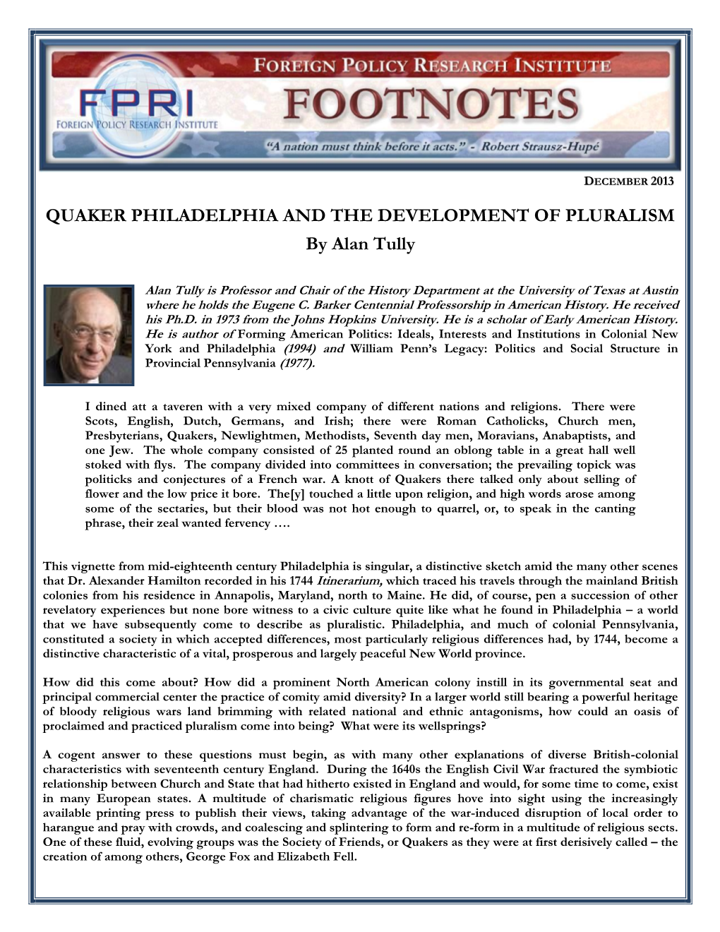 QUAKER PHILADELPHIA and the DEVELOPMENT of PLURALISM by Alan Tully