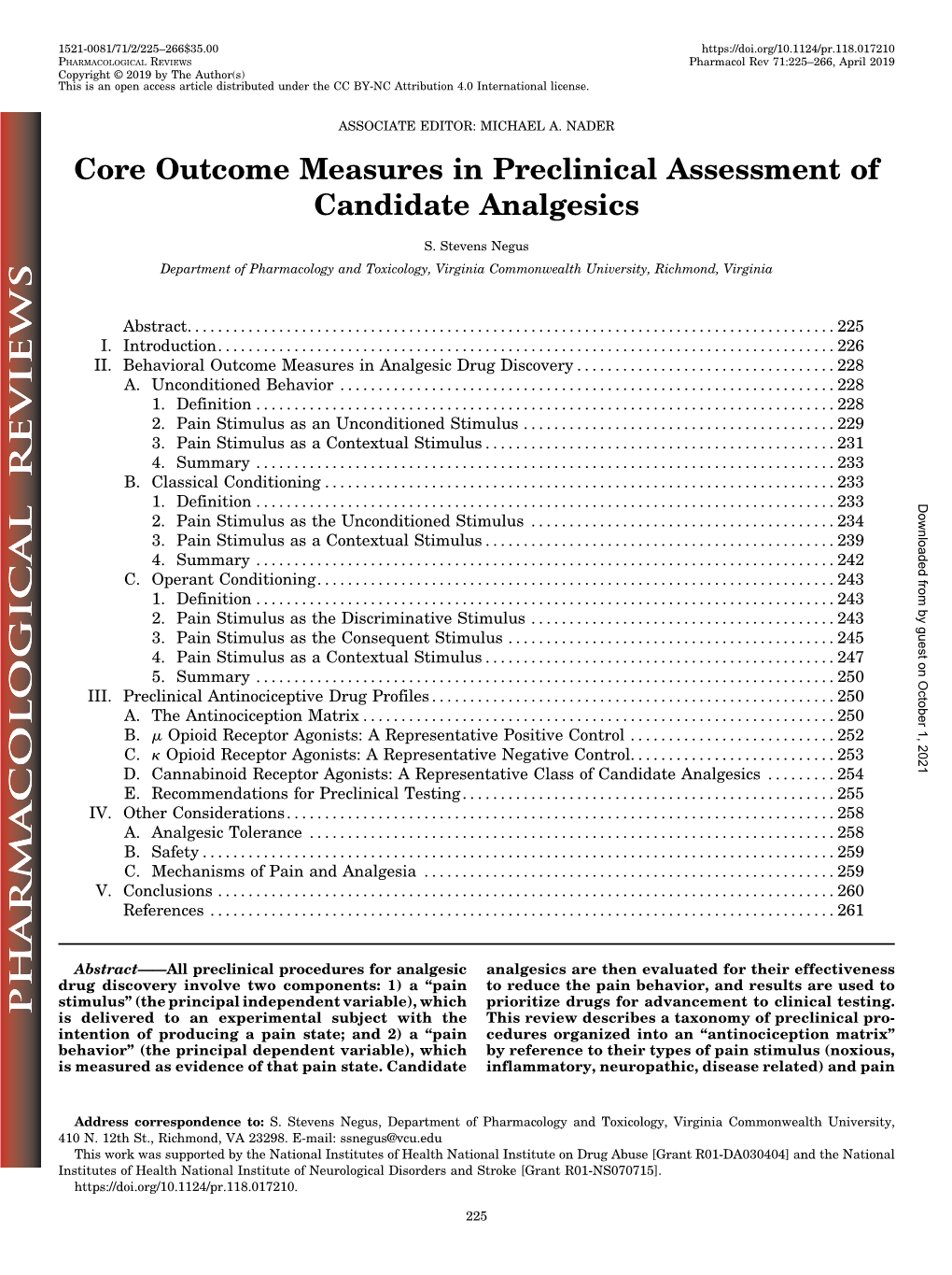 Core Outcome Measures in Preclinical Assessment of Candidate Analgesics