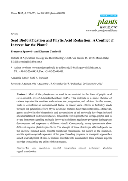 Seed Biofortification and Phytic Acid Reduction: a Conflict of Interest for the Plant?