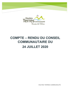 Compte – Rendu Du Conseil Communautaire Du 24 Juillet 2020
