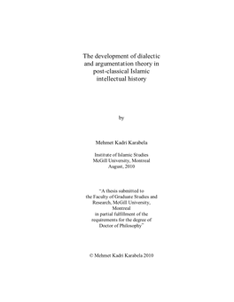 The Development of Dialectic and Argumentation Theory in Post-Classical Islamic Intellectual History