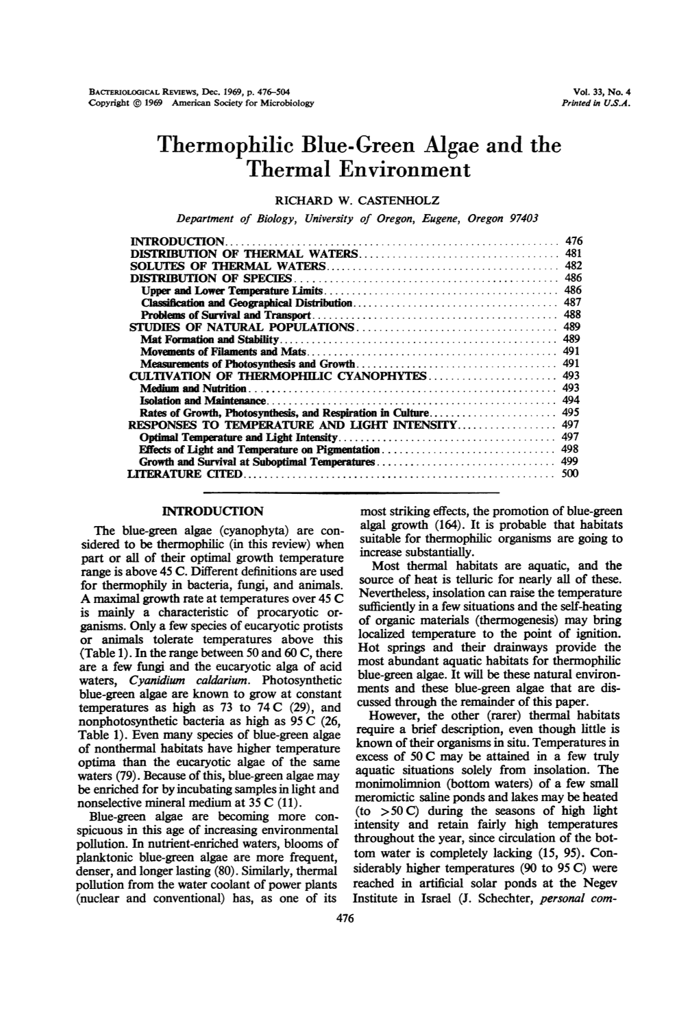 Thermophilic Blue-Green Algae and the Thermal Environment RICHARD W