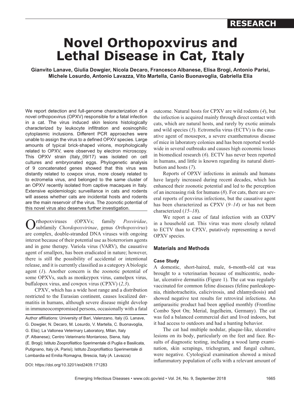 Novel Orthopoxvirus and Lethal Disease in Cat, Italy