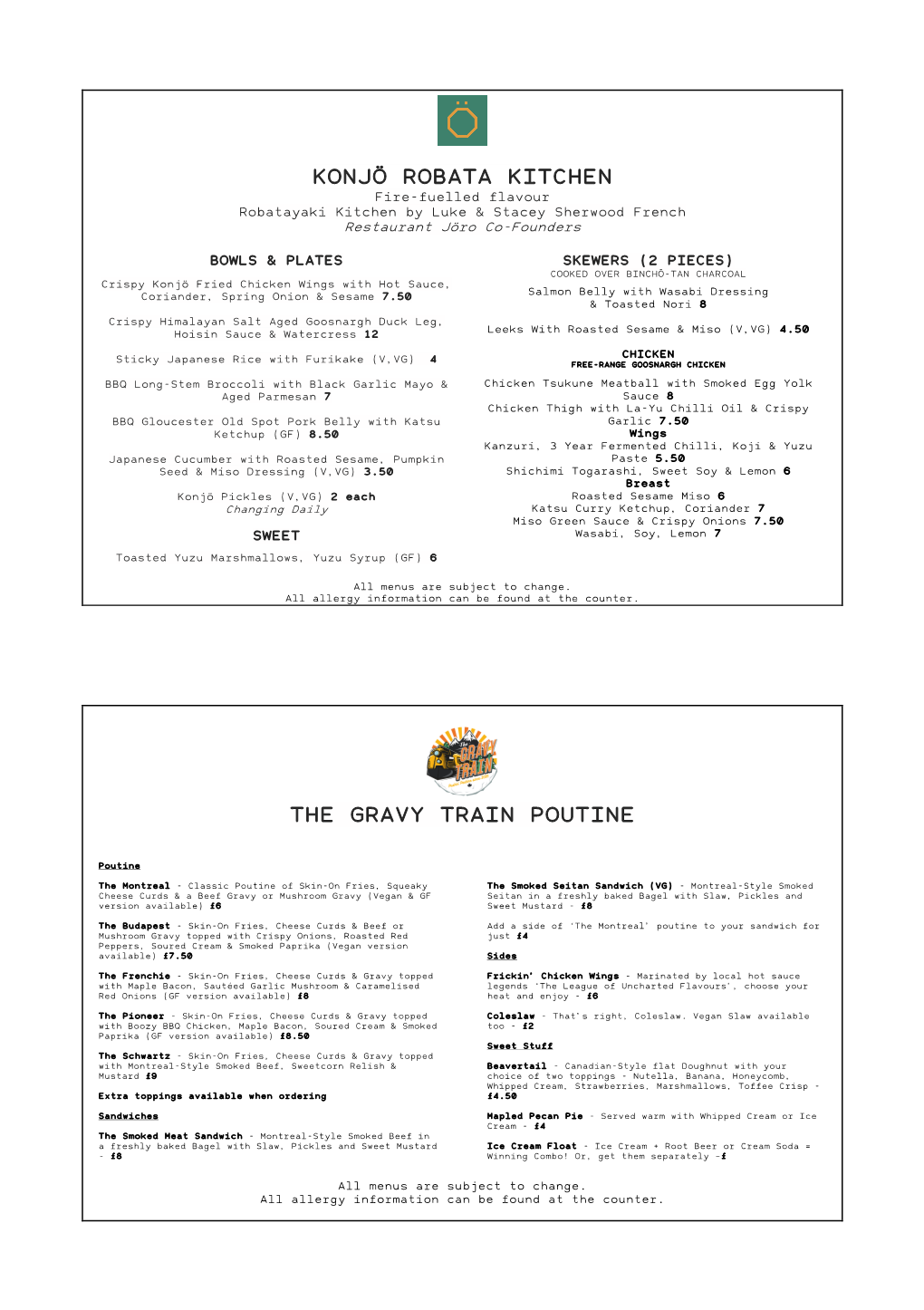 CW Table Menus