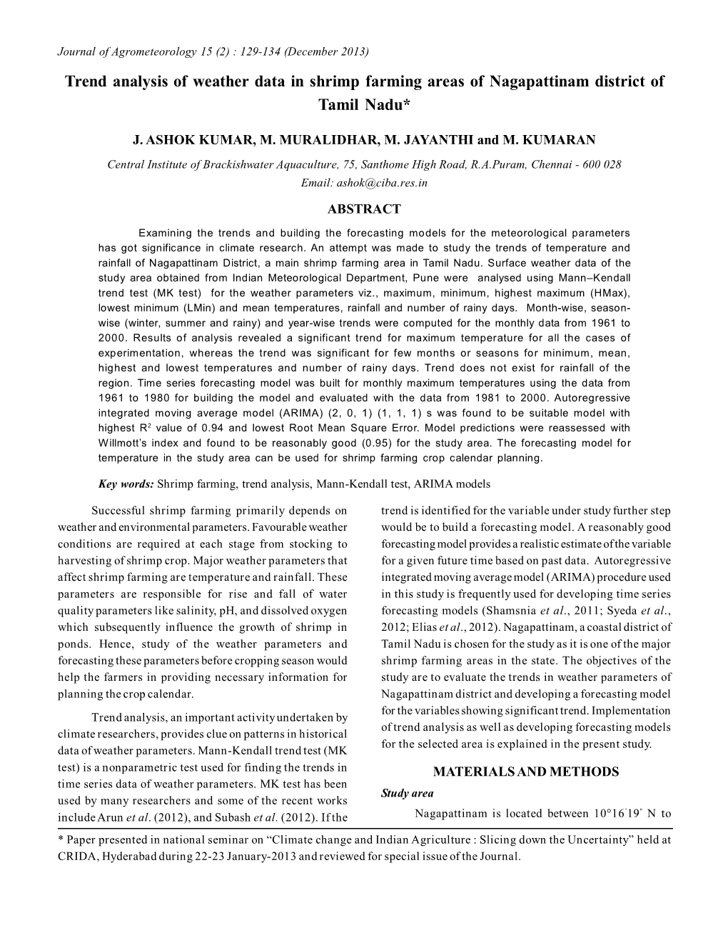 Trend Analysis of Weather Data in Shrimp Farming Areas of Nagapattinam District of Tamil Nadu*