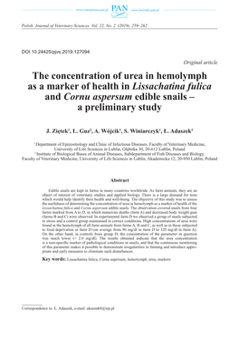 The Concentration of Urea in Hemolymph As a Marker of Health in Lissachatina Fulica and Cornu Aspersum Edible Snails – a Preliminary Study