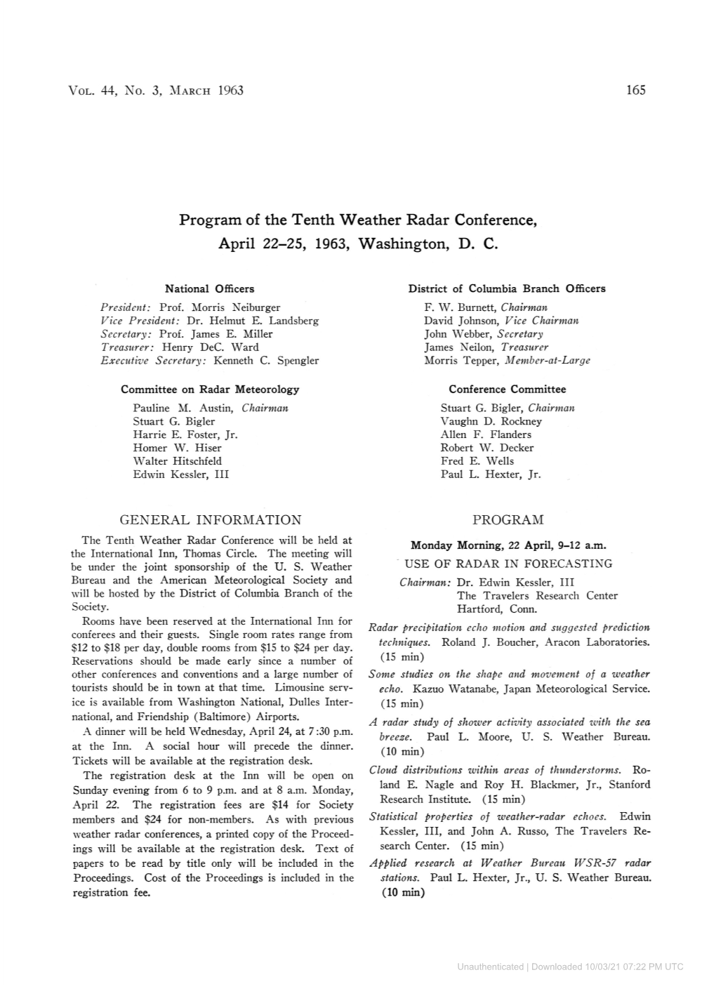 165 Program of the Tenth Weather Radar Conference, April 22-25, 1963, Washington, D. C