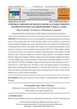 TEMPORAL VARIATION of PHYSICO CHEMICAL CHARACTERISTICS of GROUND WATER in KASARGOD DISTRICT, KERALA, INDIA Vidhya M