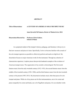 ABSTRACT Title of Dissertation: a CENTURY of AMERICAN SOLO