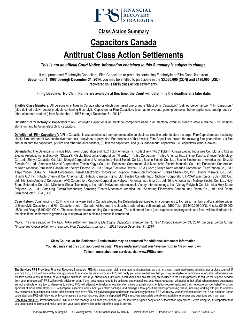 Capacitors Canada Antitrust Class Action Settlements This Is Not an Official Court Notice