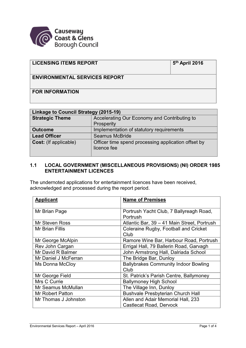 LICENSING ITEMS REPORT 5Th April 2016 ENVIRONMENTAL