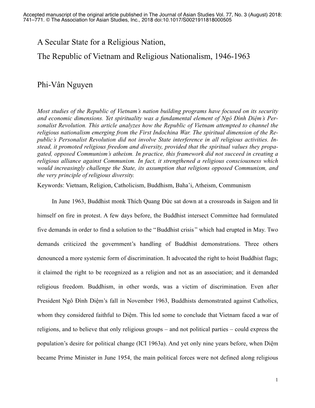 A Secular State for a Religious Nation, the Republic of Vietnam and Religious Nationalism, 1946-1963