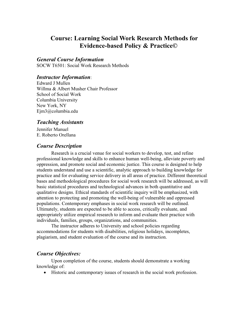 Course: Learning Social Work Research Methods for Evidence-Based Policy & Practice