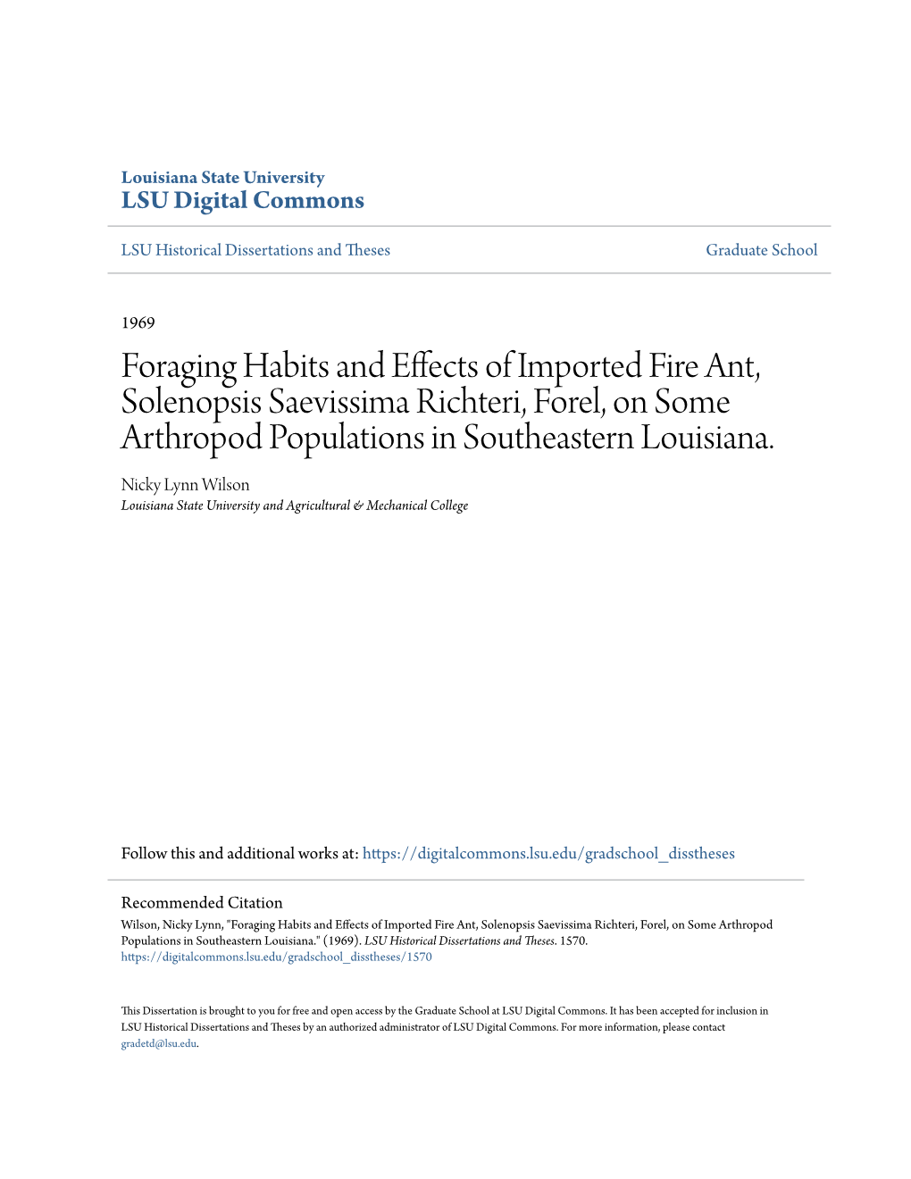 Foraging Habits and Effects of Imported Fire Ant, Solenopsis Saevissima Richteri, Forel, on Some Arthropod Populations in Southeastern Louisiana