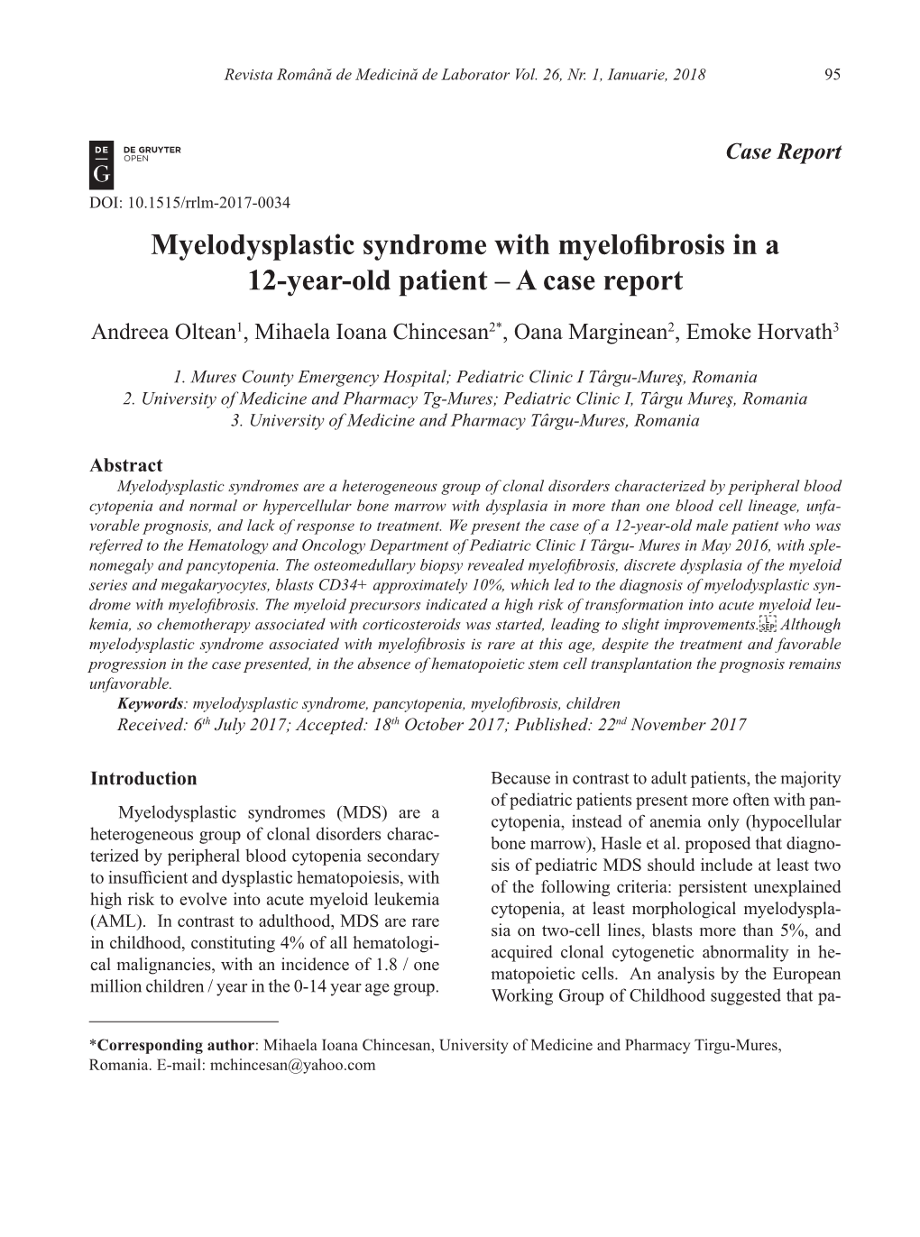 Myelodysplastic Syndrome with Myelofibrosis in a 12-Year-Old Patient – a Case Report