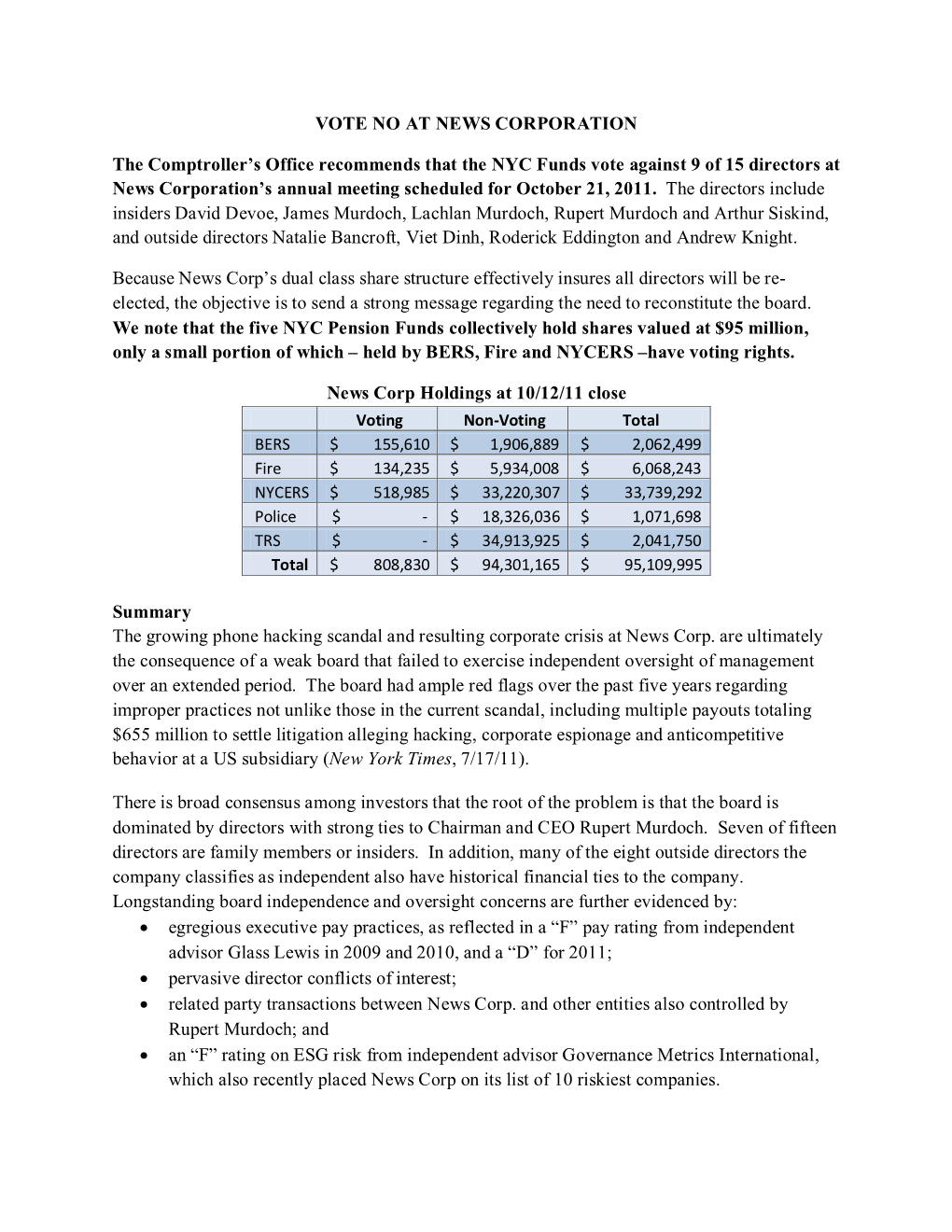 VOTE NO at NEWS CORPORATION the Comptroller's Office