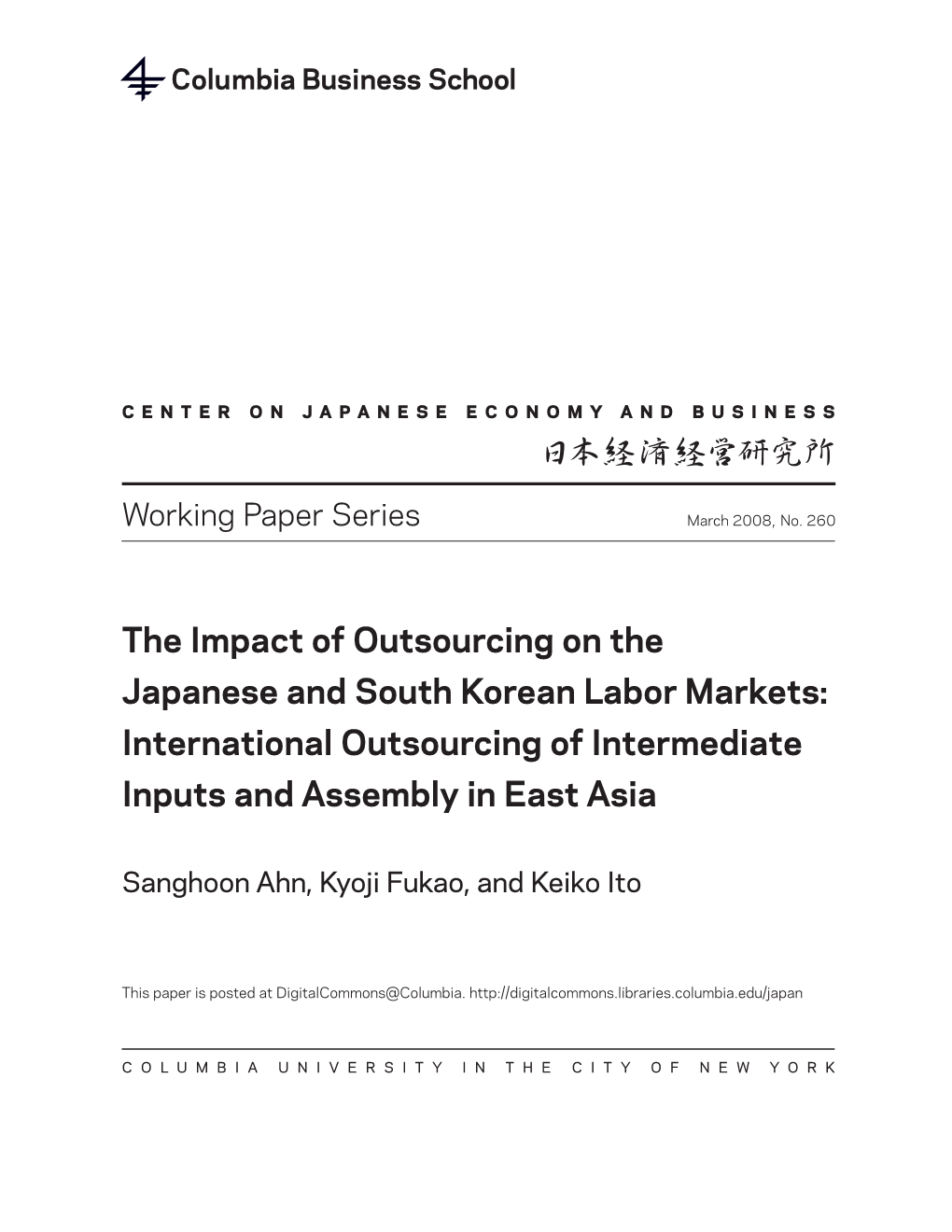 The Impact of Outsourcing on the Japanese and South Korean Labor Markets: International Outsourcing of Intermediate Inputs and Assembly in East Asia