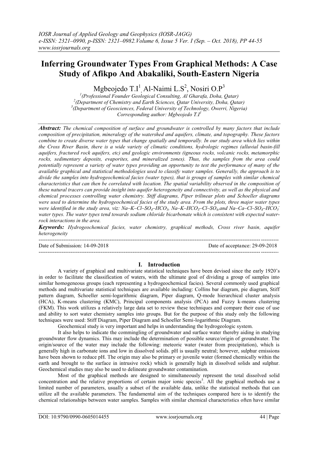 Inferring Groundwater Types from Graphical Methods: a Case Study of Afikpo and Abakaliki, South-Eastern Nigeria