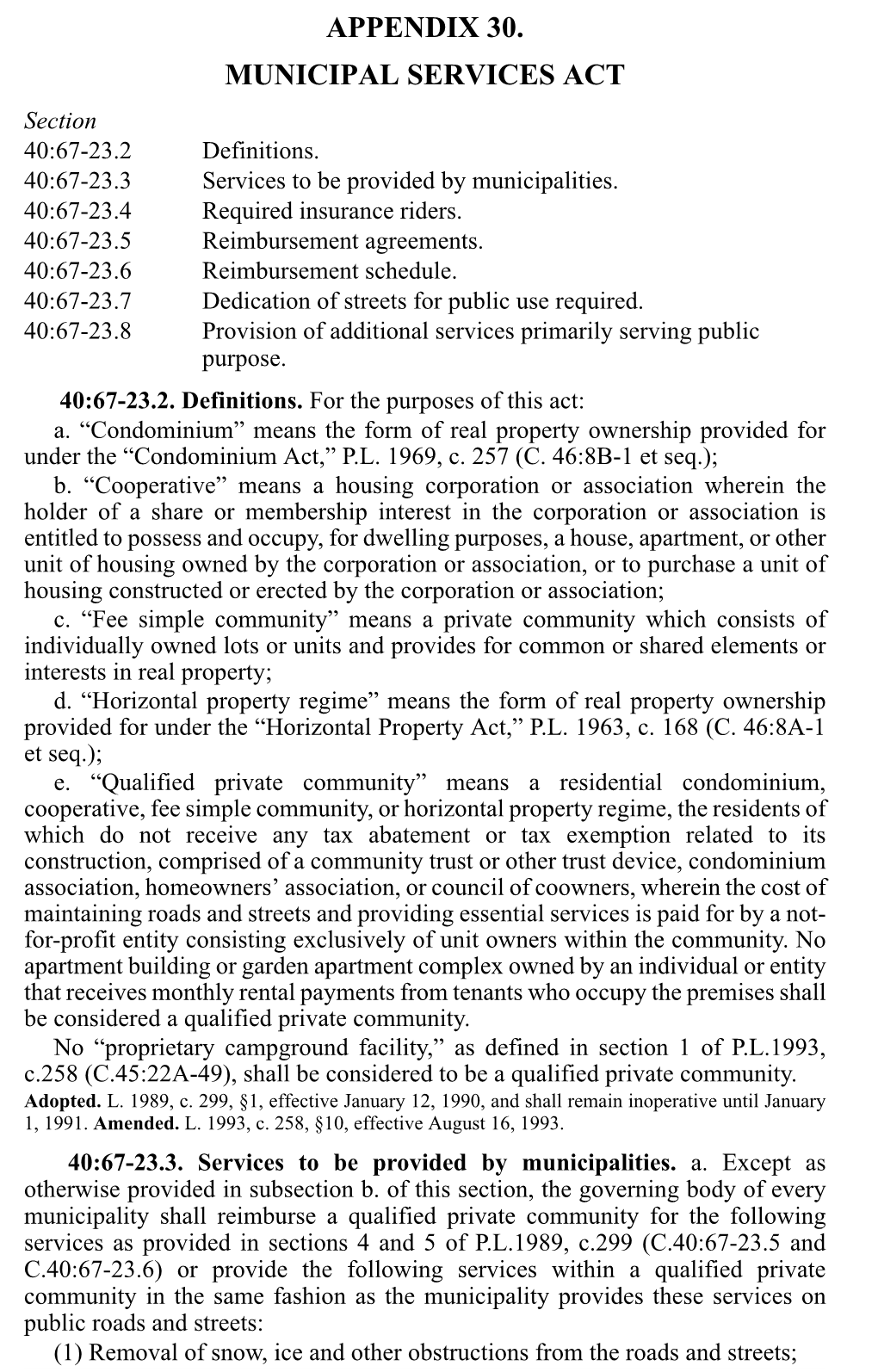 APPENDIX 30. MUNICIPAL SERVICES ACT Section 40:67-23.2 Definitions