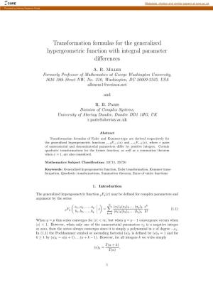 Transformation Formulas for the Generalized Hypergeometric Function with Integral Parameter Diﬀerences