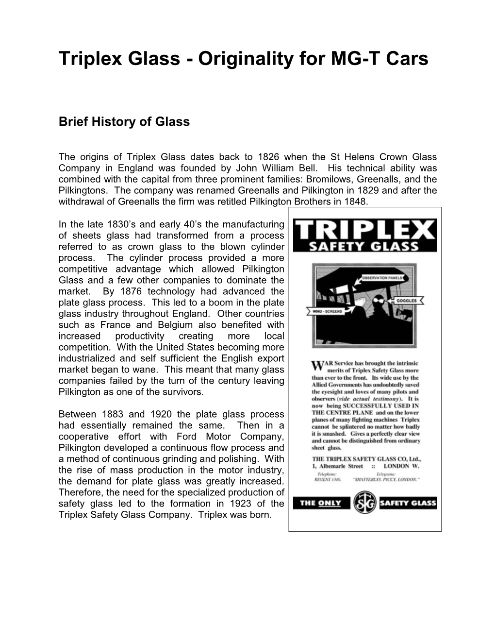 Triplex Glass - Originality for MG-T Cars