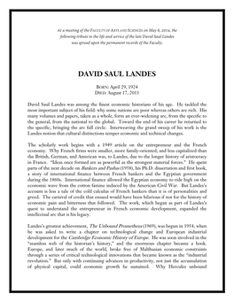David Saul Landes Was Spread Upon the Permanent Records of the Faculty