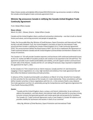 Canada Announces That It Is Ratifying the Canada-UK Trade Continuity