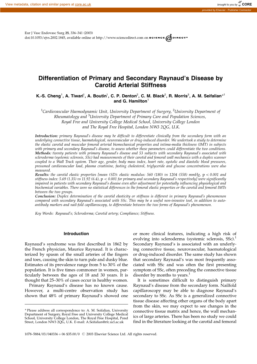 Differentiation of Primary and Secondary Raynaud's Disease by Carotid Arterial Stiffness