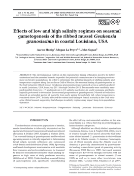 Effects of Low and High Salinity Regimes on Seasonal Gametogenesis of the Ribbed Mussel Geukensia Granosissima in Coastal Louisiana, USA