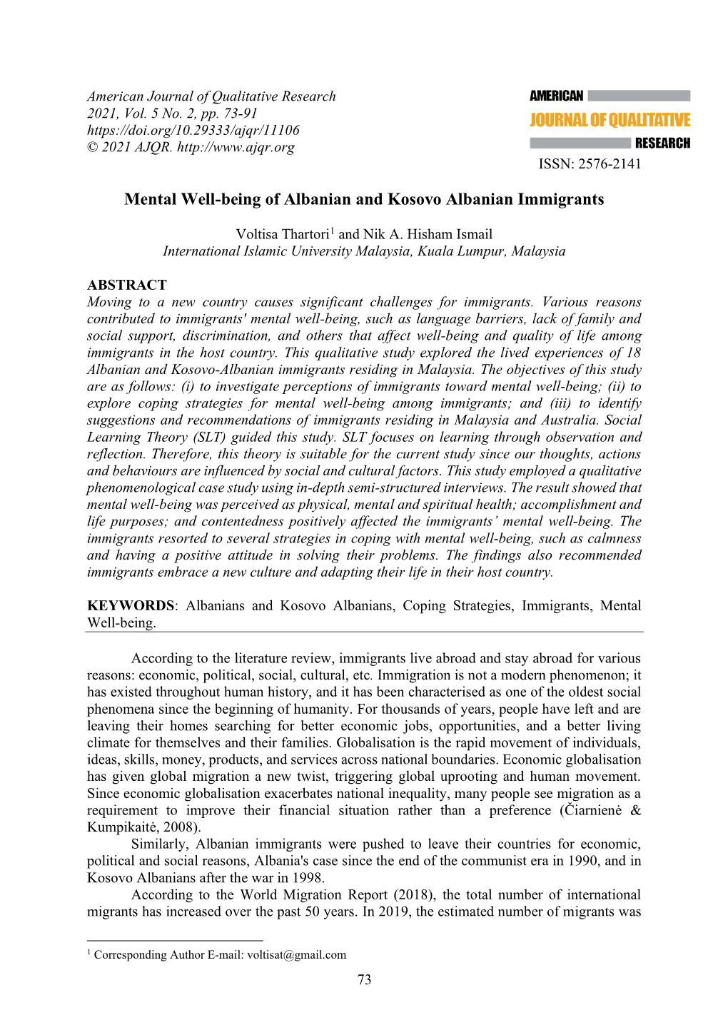 Mental Well-Being of Albanian and Kosovo Albanian Immigrants