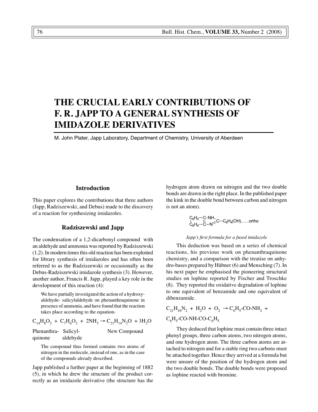 The Crucial Early Contributions of F. R. Japp to a General Synthesis of Imidazole Derivatives