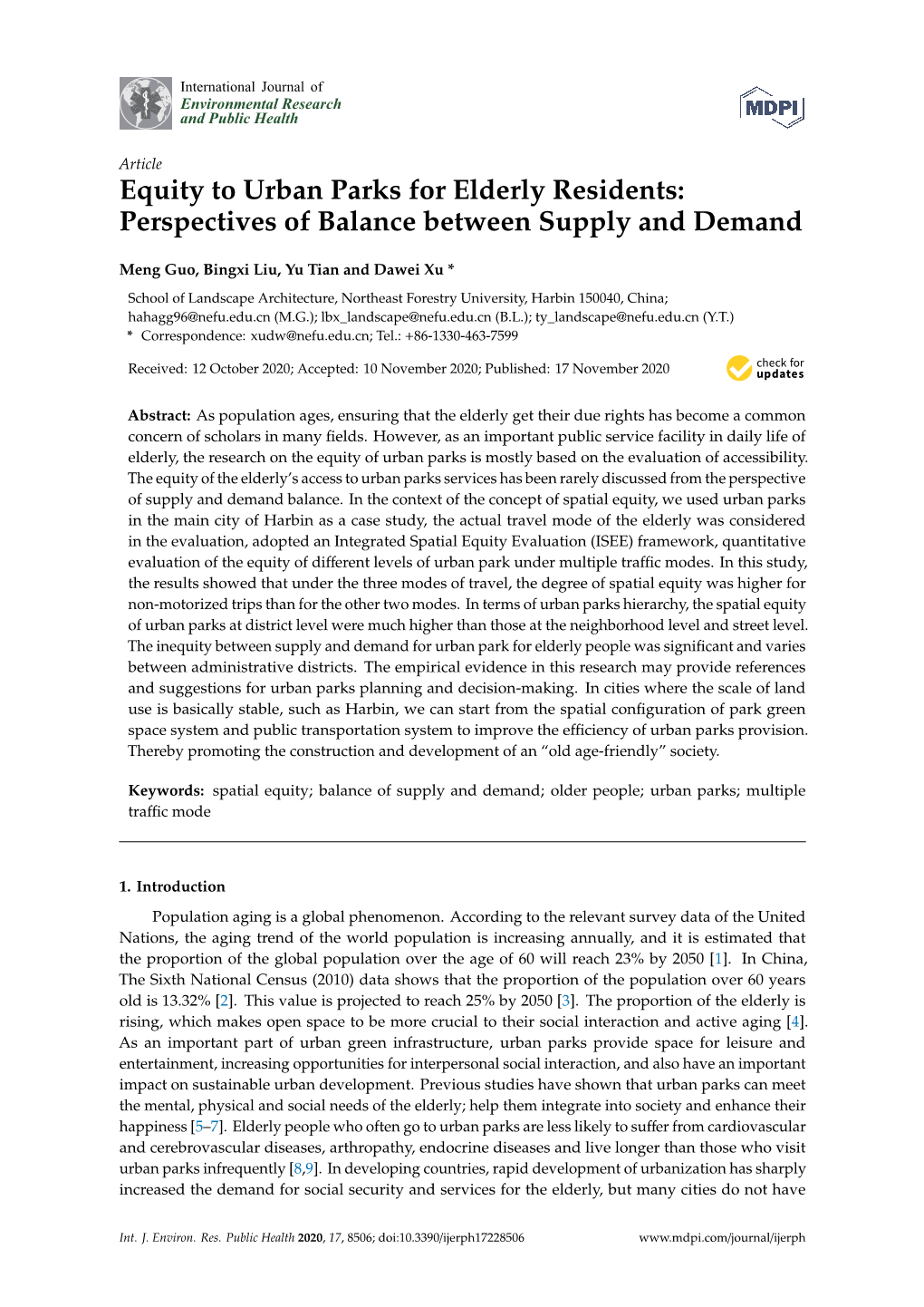 Equity to Urban Parks for Elderly Residents: Perspectives of Balance Between Supply and Demand