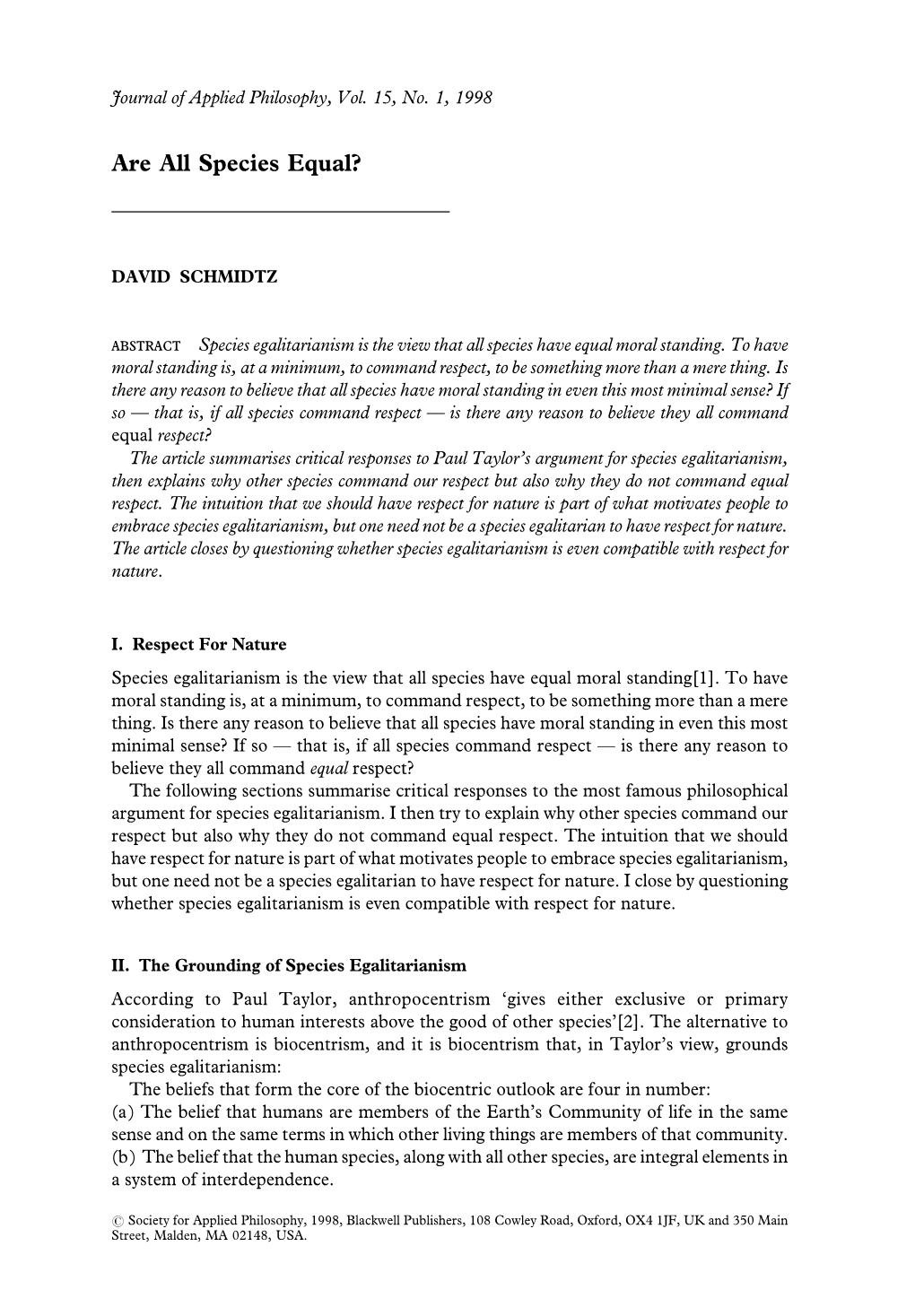 SCHMIDTZ Abstract Species Egalitarianism Is the View That All Species Have Equal Moral Standing