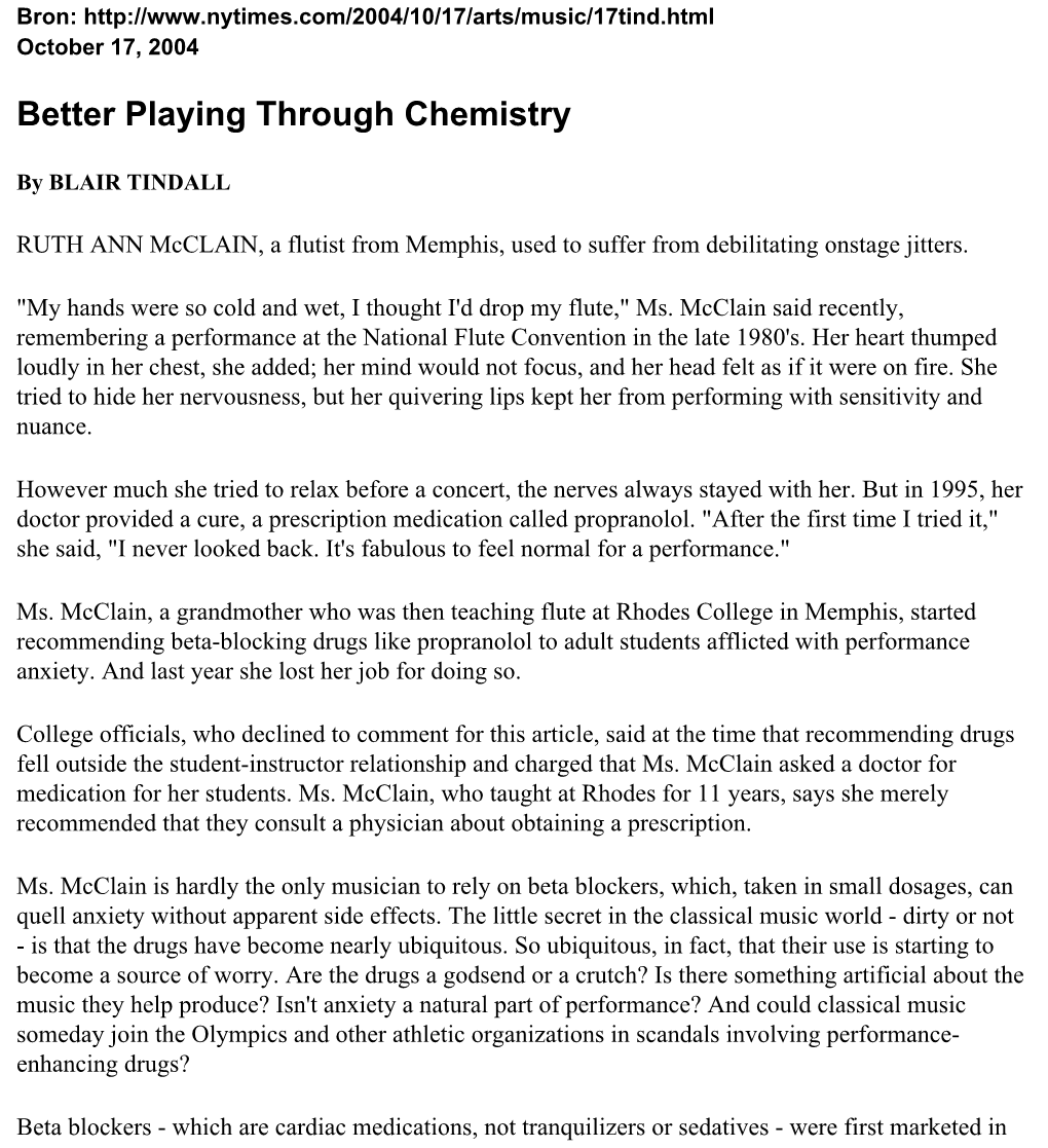 The New York Times &gt; Arts &gt; Music &gt; Better Playing Through Chemistry