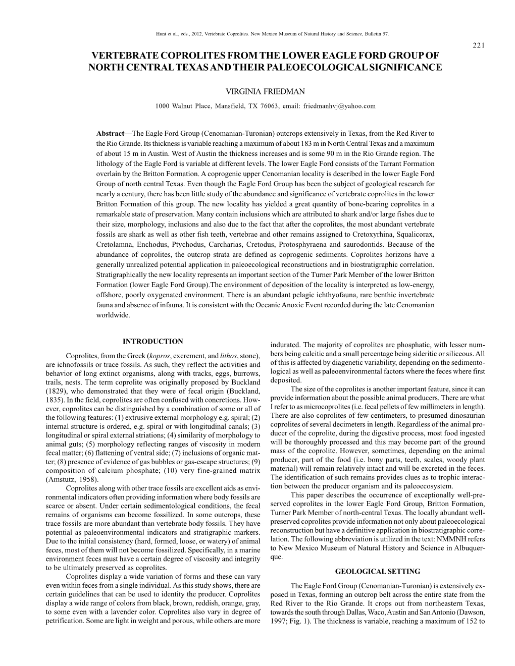 Vertebrate Coprolites from the Lower Eagle Ford Group of North Central Texas and Their Paleoecological Significance