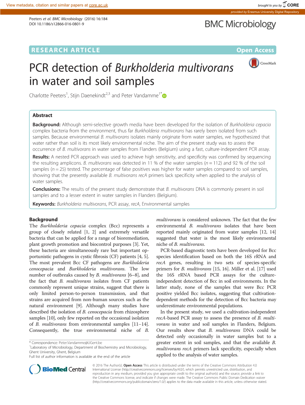 PCR Detection of Burkholderia Multivorans in Water and Soil Samples Charlotte Peeters1, Stijn Daenekindt2,3 and Peter Vandamme1*